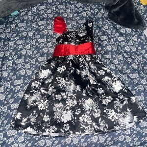 Elegant Black and White Floral Kids Dress with Red Accents